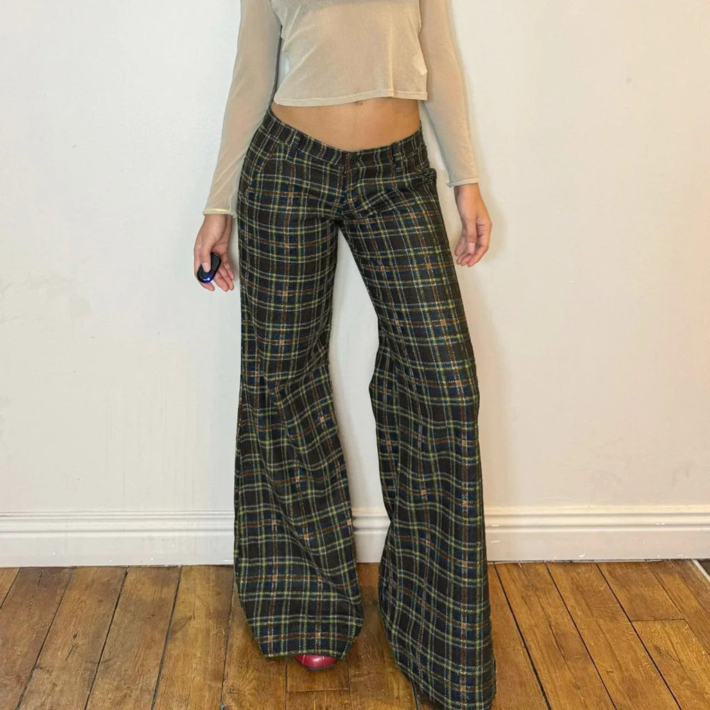 Pantalones casuales de tejido tartán escocés para mujer