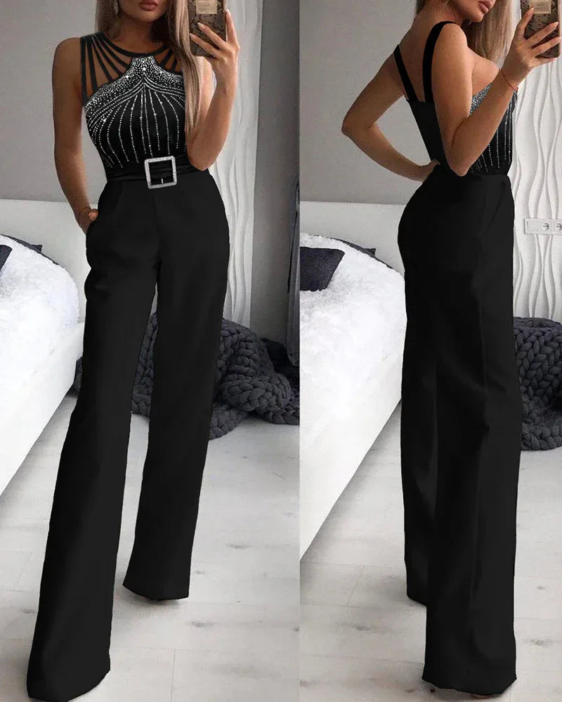 Mono elegante de mujer con pedreria - espalda descubierta negro