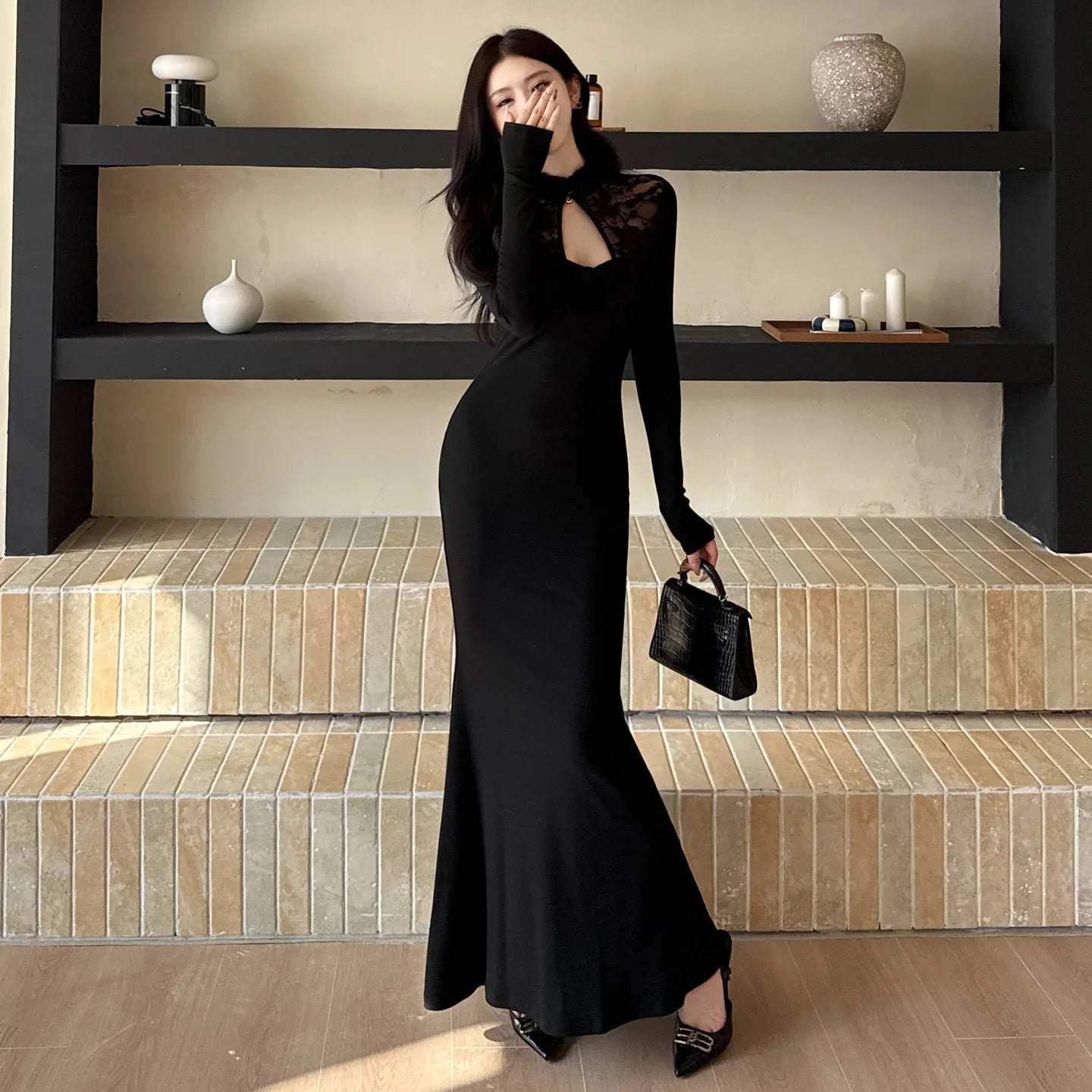 Vestido de cola de pez con escote abierto de mujer