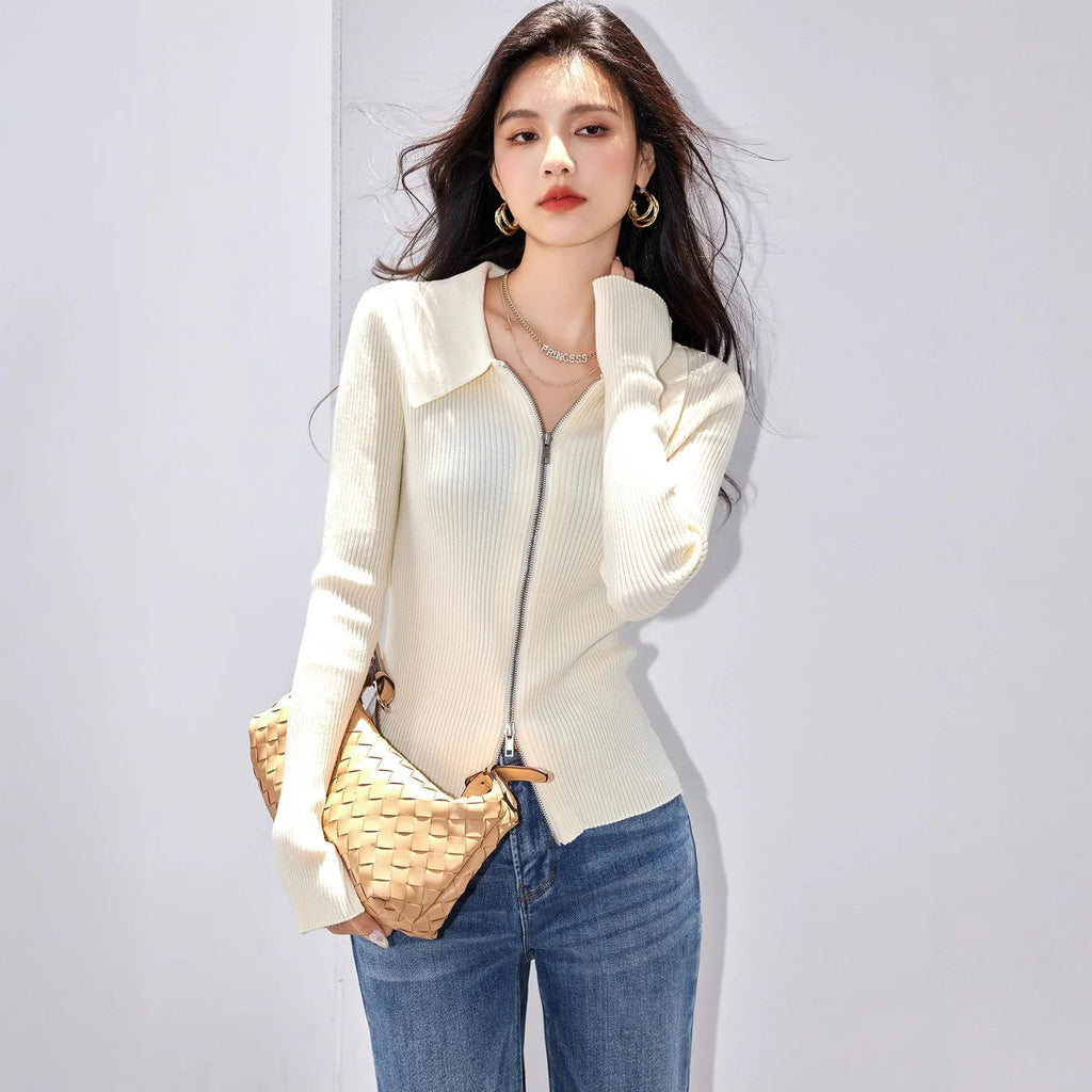 Suéter de punto con cremallera y cuello camisero de mujer