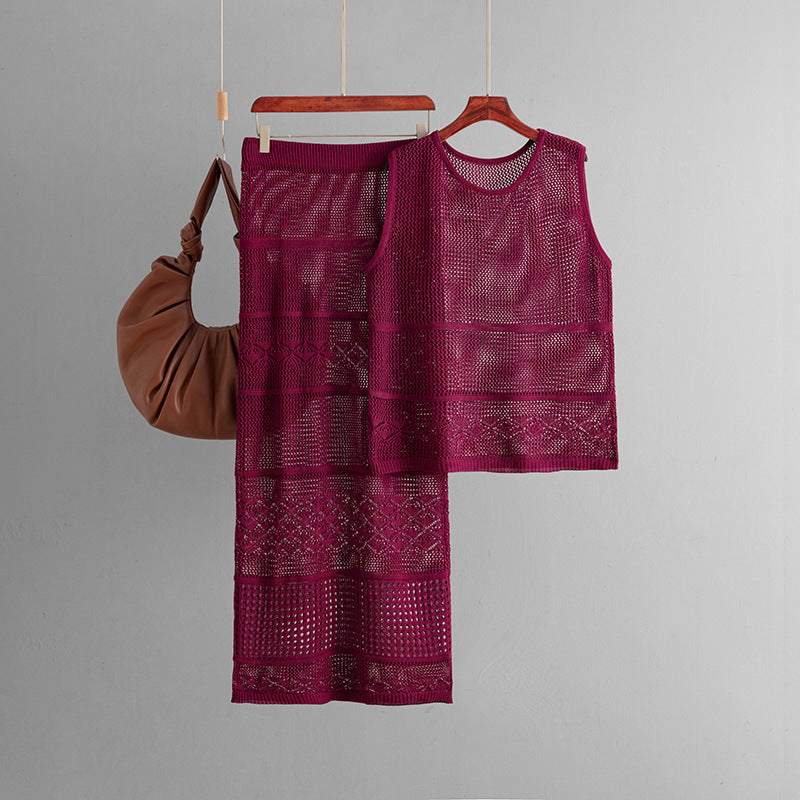 Conjunto de punto sin mangas y cuello redondo para mujer