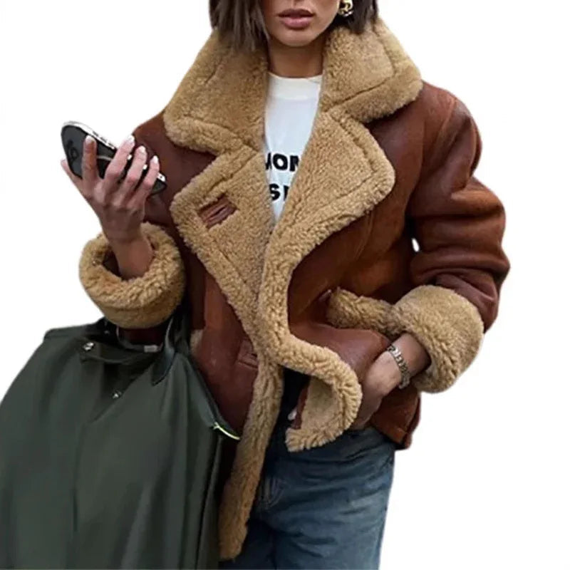 Chaqueta de una pieza en piel vegana con cuello de borrego para mujer