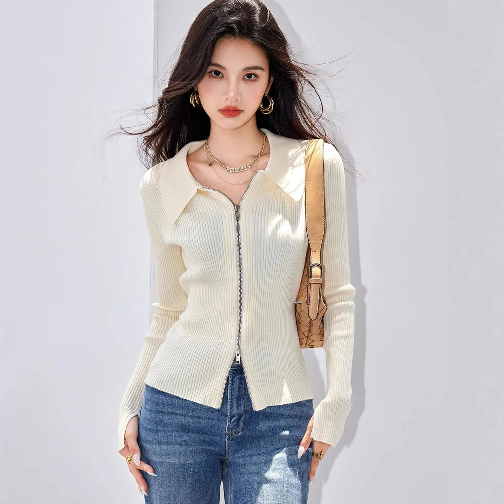 Suéter de punto con cremallera y cuello camisero de mujer