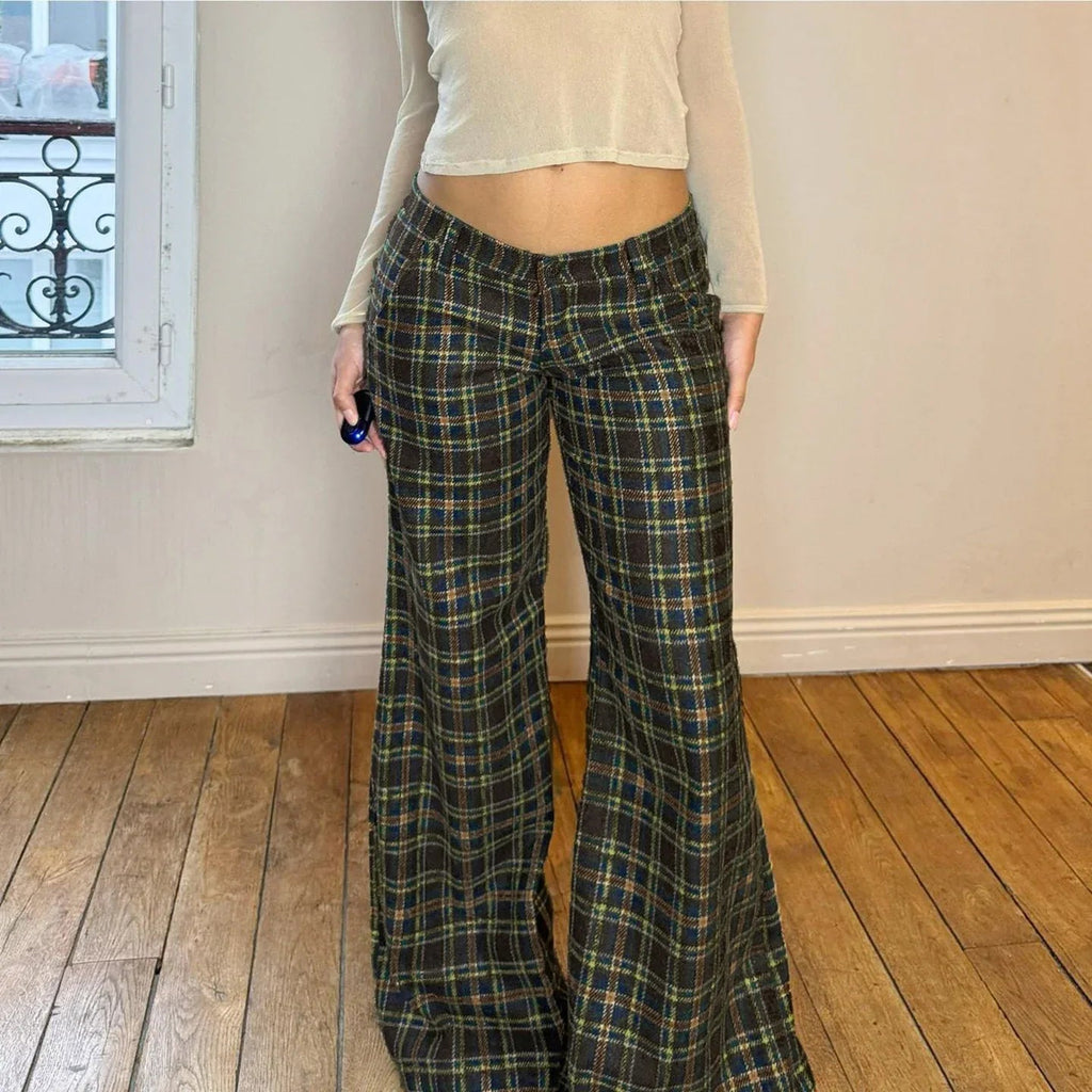 Pantalones casuales de tejido tartán escocés para mujer