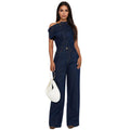 Mono denim sin tirantes azul oscuro para mujer