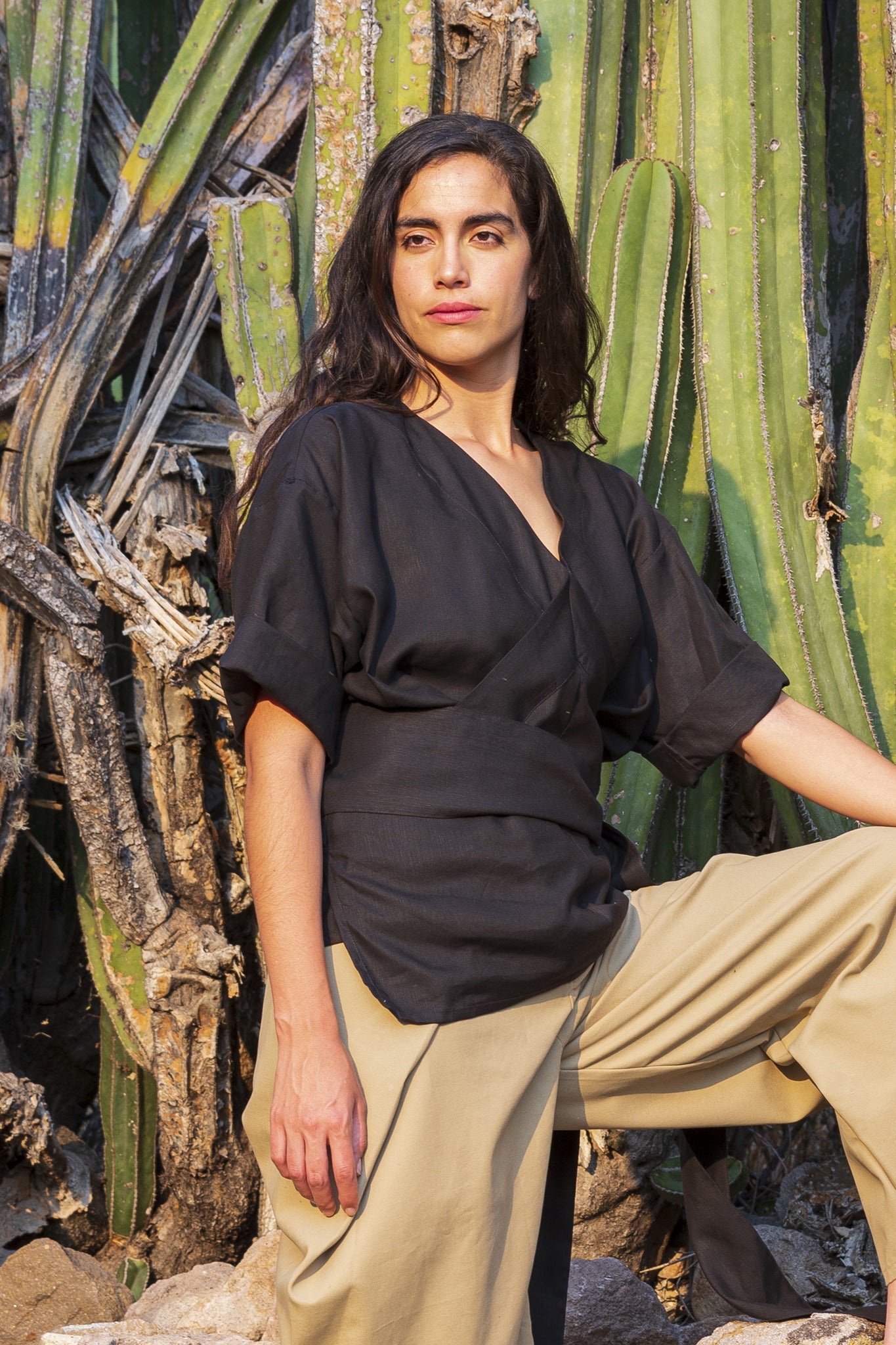 Atlas Linen Blend V-Neck Wrap Blouse