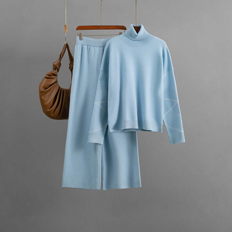 Conjunto de suéter holgado de cuello alto y pantalón de mujer
