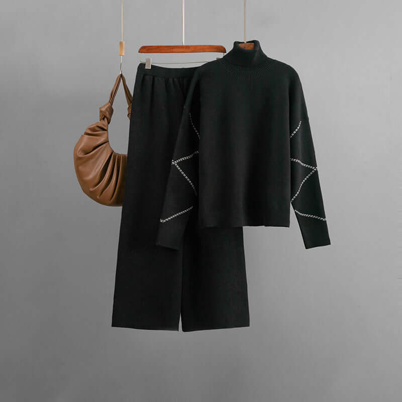 Conjunto de suéter holgado de cuello alto y pantalón de mujer