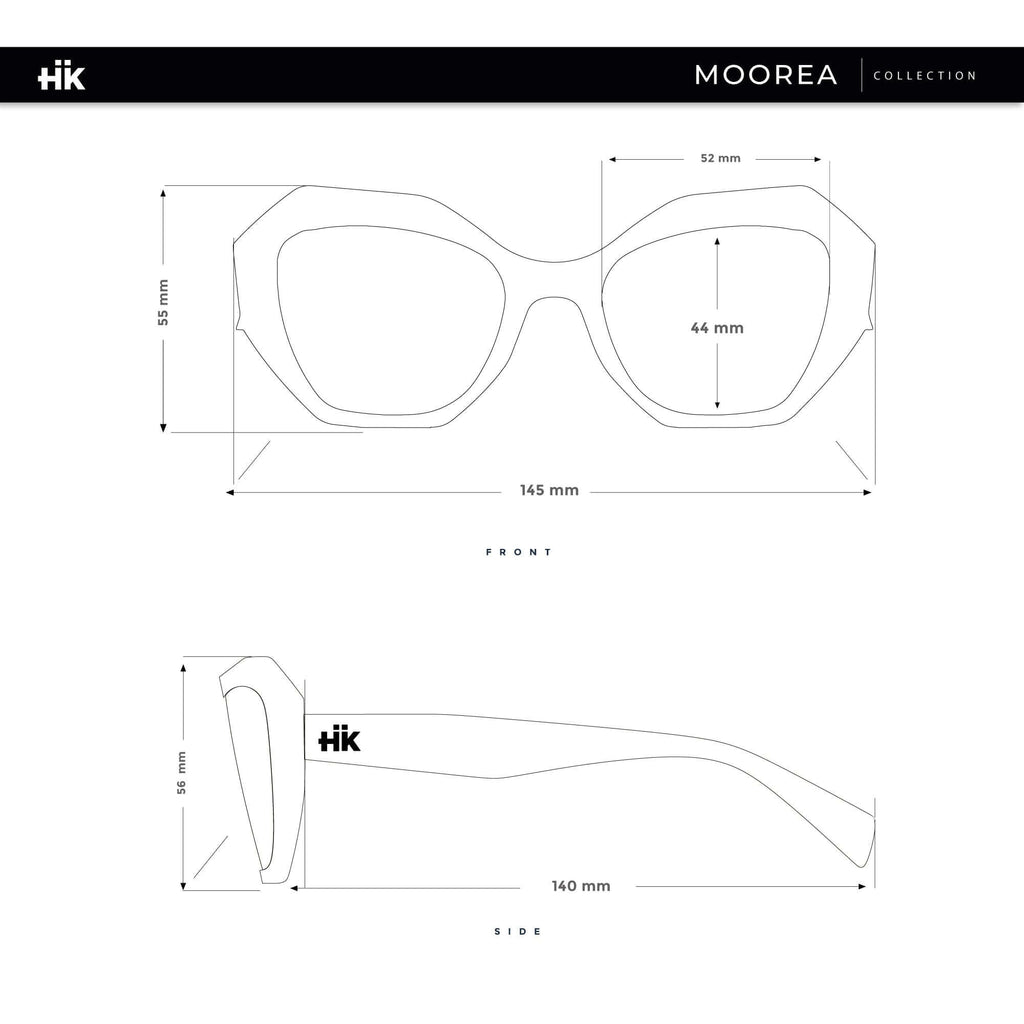 Esquema de dimensiones de las gafas de sol Hanukeii® Moorea Black / Black, mostrando medidas frontales y laterales.