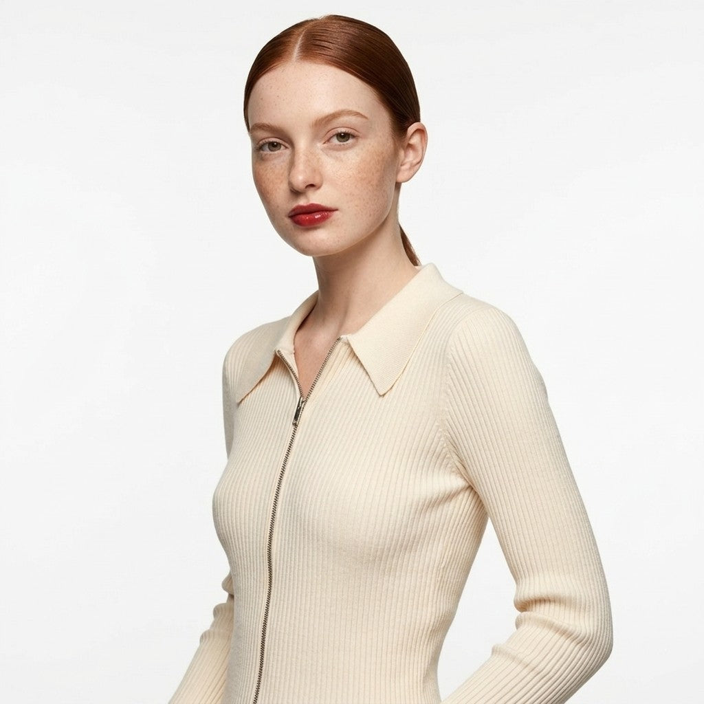 Suéter de punto con cremallera y cuello camisero de mujer